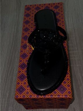 Tory Burch Black Jeweled Logo Thong Sandal
